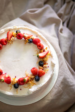 Load image into Gallery viewer, 8'' Fully Iced Vanilla and Raspberry Cake with Peanut Butter Caramel (Vegan)