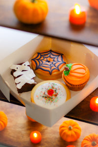 Halloween Special Box: 1 Spider Web Empire with Apricot Jam, 1 Halloween Sprinkle Empire with Raspberry Jam, 1 Pumpkin Spice Cupcake, 1 Mummy Chocolate Brownie